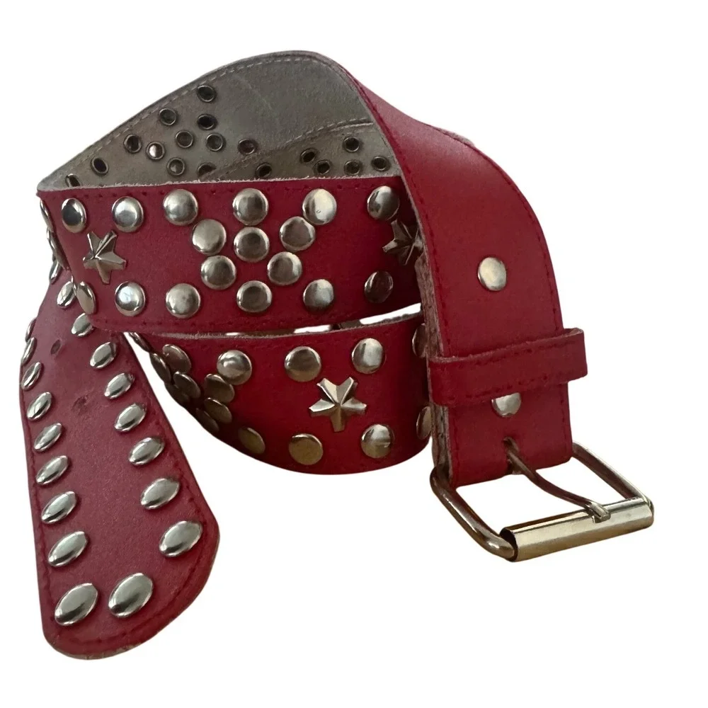 Red Leather Studded Star Belt Cabochons 80/90s Mall Goth Hong Kong Punk Rocker M